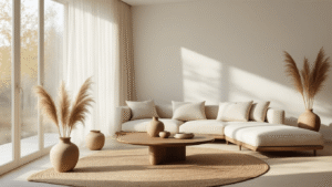 "Japandi living room with oatmeal linen sofa, walnut coffee table, pampas grass in ceramic vases, natural jute rug, and floor-to-ceiling windows creating a tranquil atmosphere"