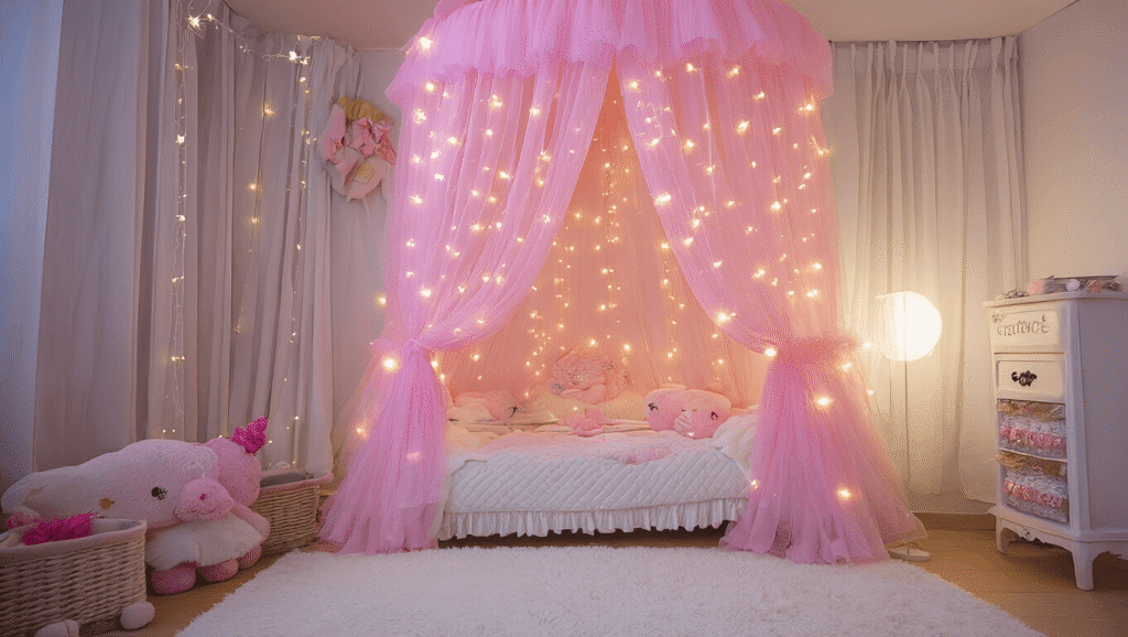 "Magical girl's canopy bed decorated with pink tulle, fairy lights and plush bedding"