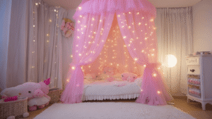 "Magical girl's canopy bed decorated with pink tulle, fairy lights and plush bedding"