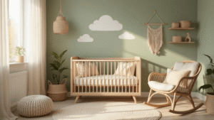 "Scandinavian nursery with soft textures and natural light featuring a wooden crib, sage green wall, plush blush rug, and rattan rocking chair"